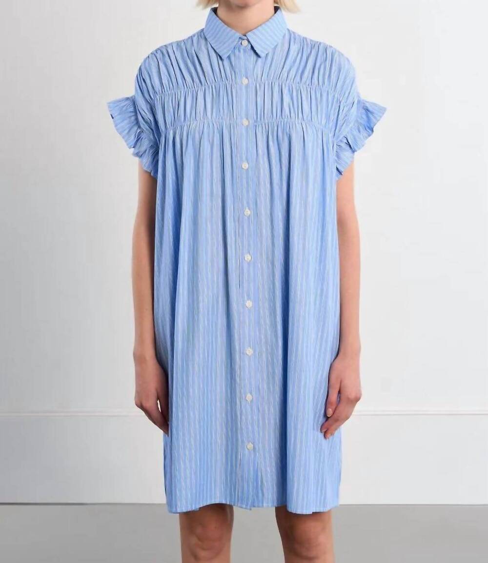NEW MOLLY BRACKEN smocked cotton shirt dress in blue stripe